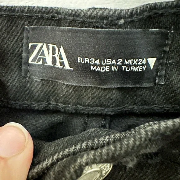 ZARA 2 Black high rise wide leg raw hem 100% cotton woman jean boho - Picture 7 of 14